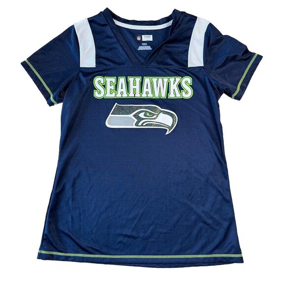 Womens NFL Team Apparel Seahawks Shirt Short Sleeve V Neck Size M Navy Jersey - Picture 1 of 9
